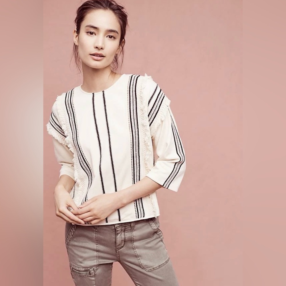 Anthropologie Moon River | Boho Striped and Fringe Long sleeve sweater M